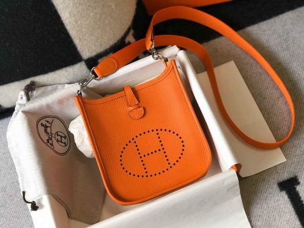 Replica Hermes Evelyne Bag Hermes Mini Crossbody Bag 20405 Silver Buckle Orange