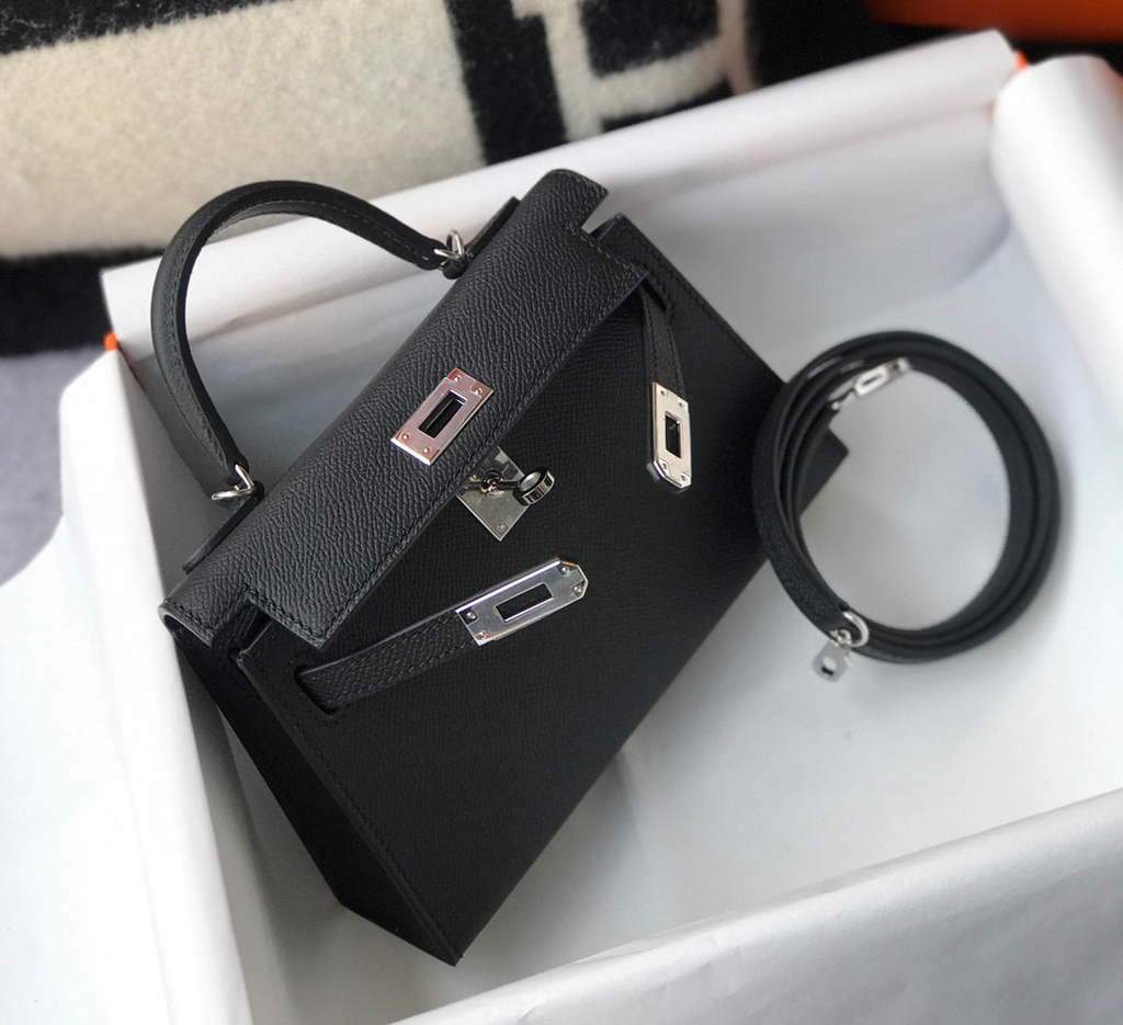 Replica Hermes Kelly Bag Hermes 19CM Epsom Shoulder Mini Bag Black Silver buckle 20456