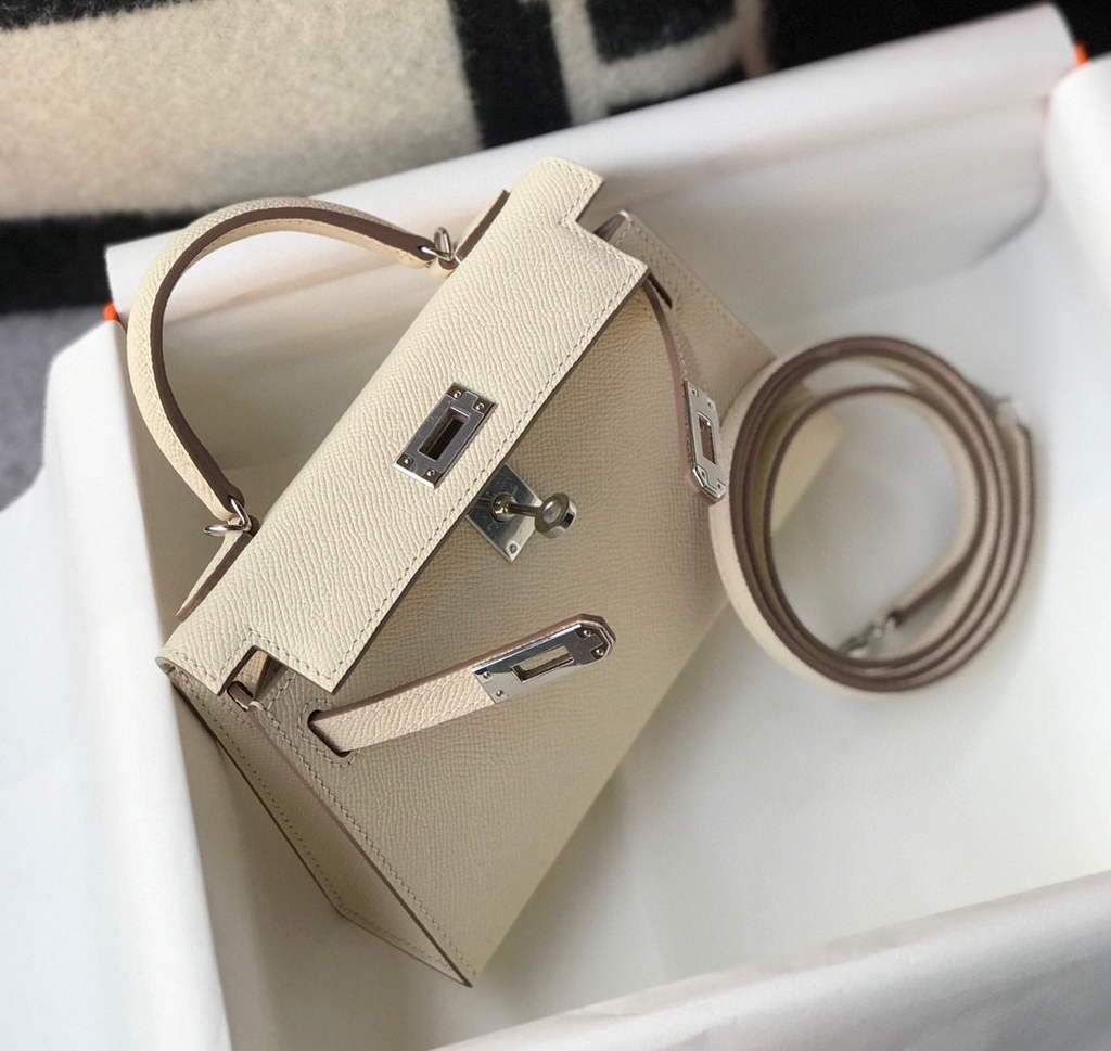 Replica Hermes Kelly Bag Hermes 19CM Epsom Shoulder Mini Bag Beige Silver buckle 20457