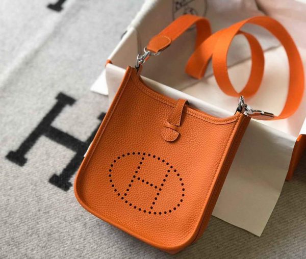 Replica Hermes Evelyne Bag Hermes Mini Crossbody Bag 20405 Silver Buckle Orange