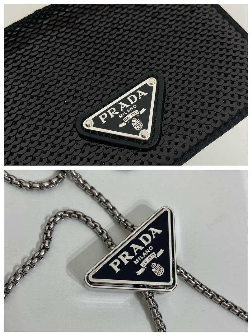 Replica Prada sequins-studded card holder with shoulder strap 1MR024 Black
