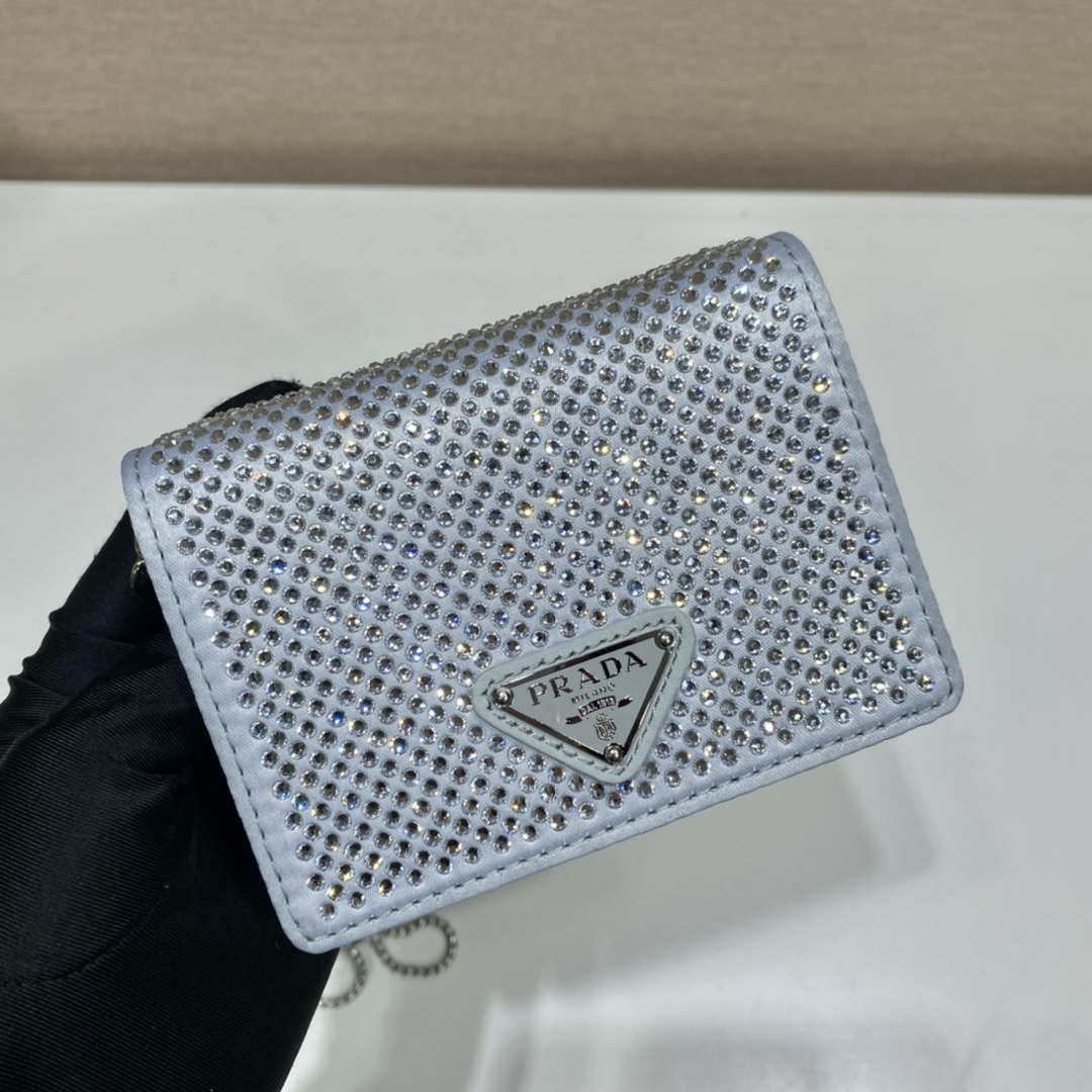 Replica Prada Crystal-studded card holder with shoulder strap 1MR024 White Crystal
