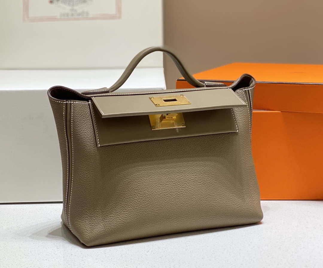 Replica Hermes Kelly 2424 Leather 29cm H230267 Elephant gray Shoulder bag