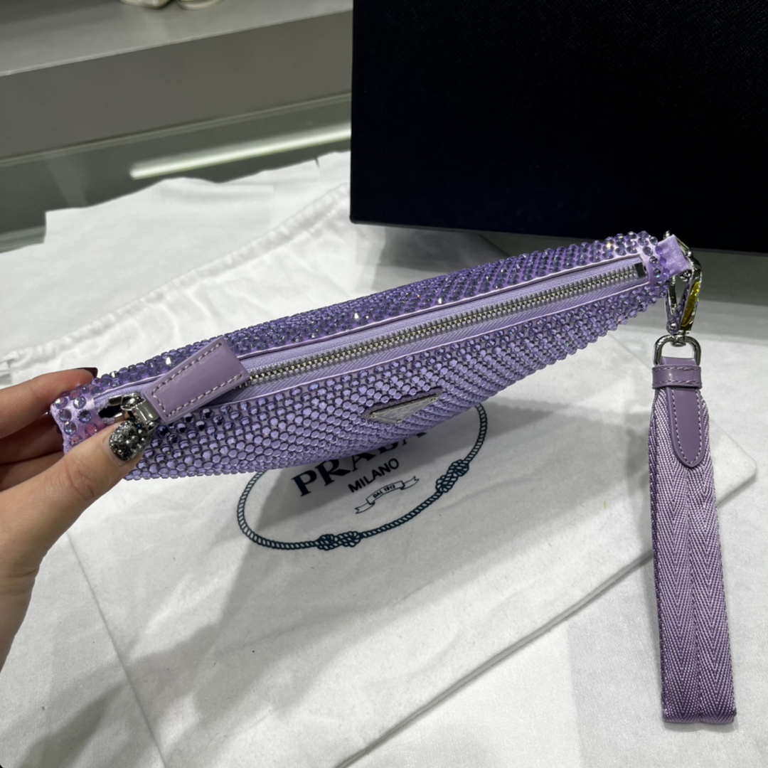 Replica Prada 1NE039 Crystal-studded satin pouch Purple