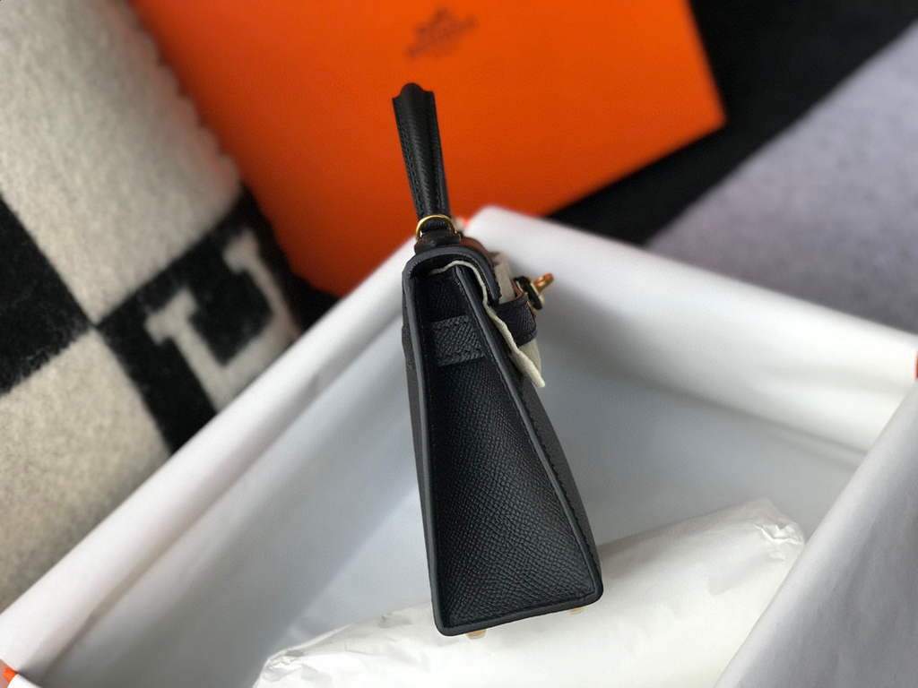 Replica Hermes Kelly Bag Hermes 19CM Epsom Shoulder Mini Bag Black Gold buckle 20455