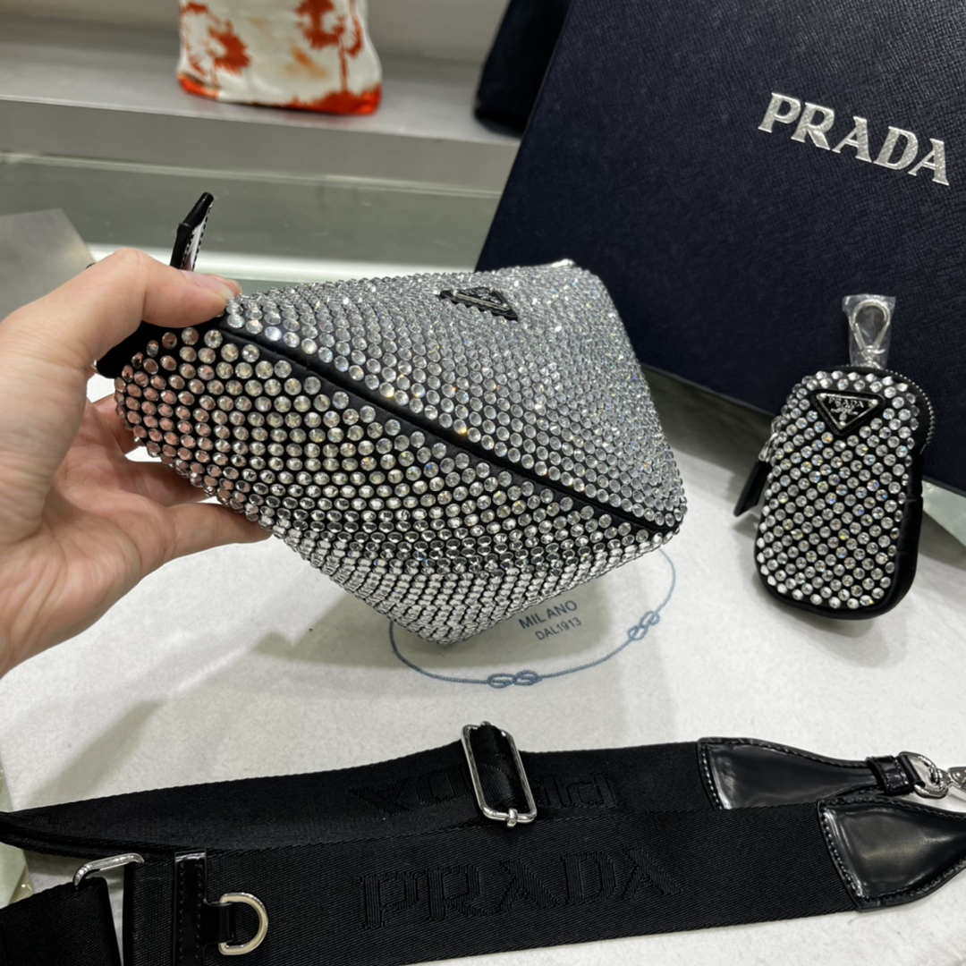 Replica Prada 1NE190 Crystal-studded satin pouch Black