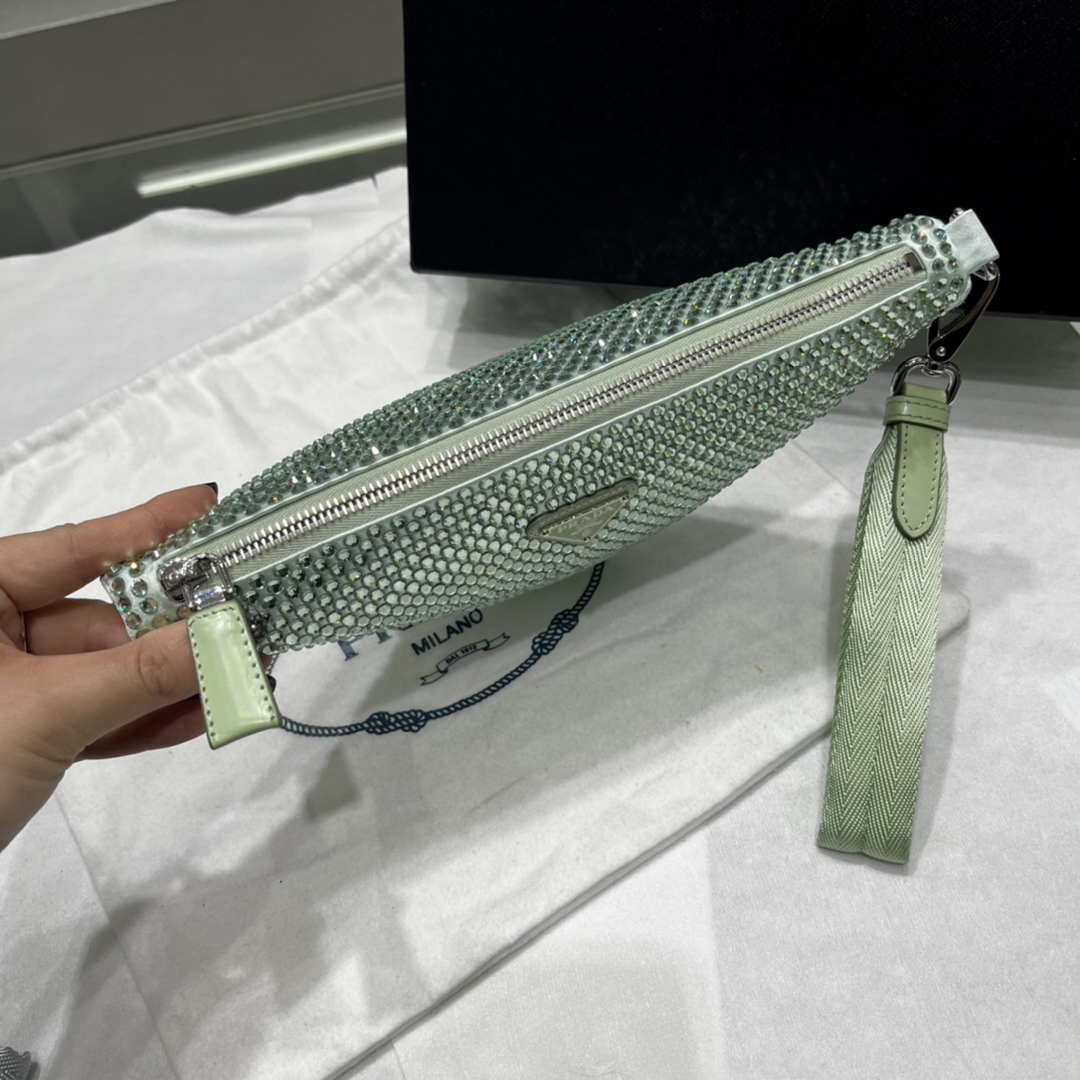 Replica Prada 1NE039 Crystal-studded satin pouch Green