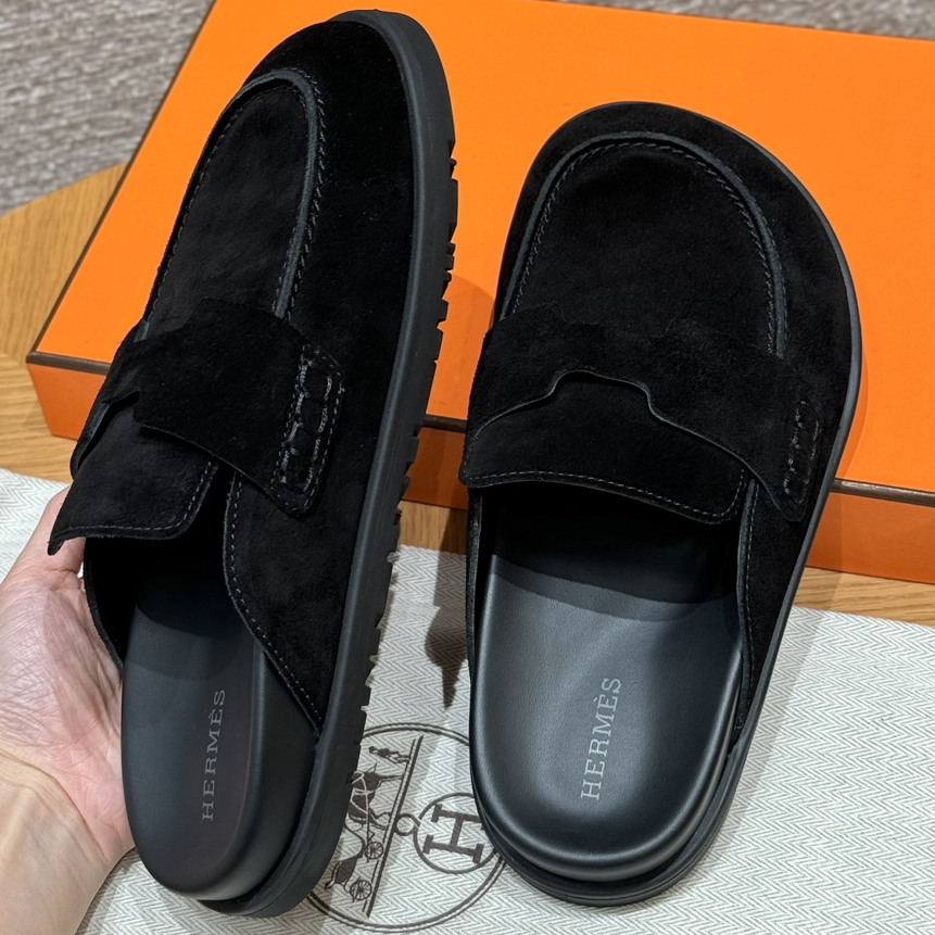 Hermes-Go Mule Black Suede Calfskin Slides