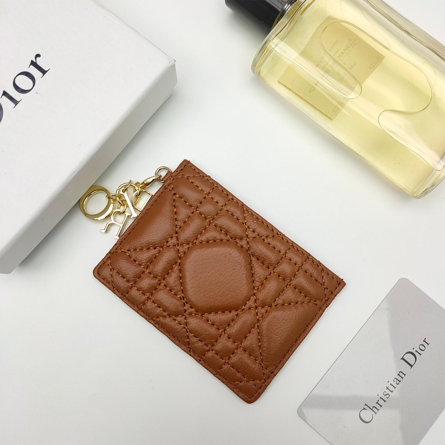 Dior-Lady's five grid card clip sheepskin with rattan grid pattern leather