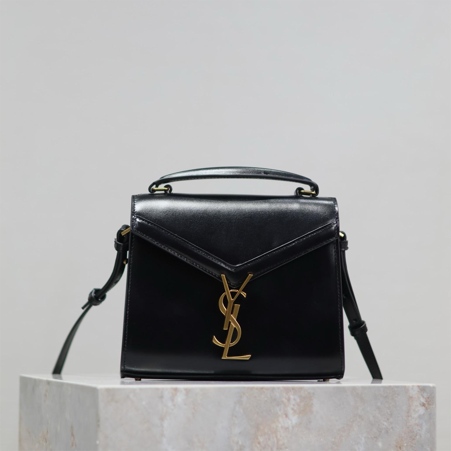YSL-Black gold buckle toothpick pattern cassandra mini handbag