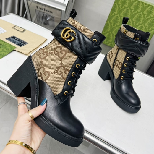 Gucci-Khaki Canvas Cowhide Ankle Boots