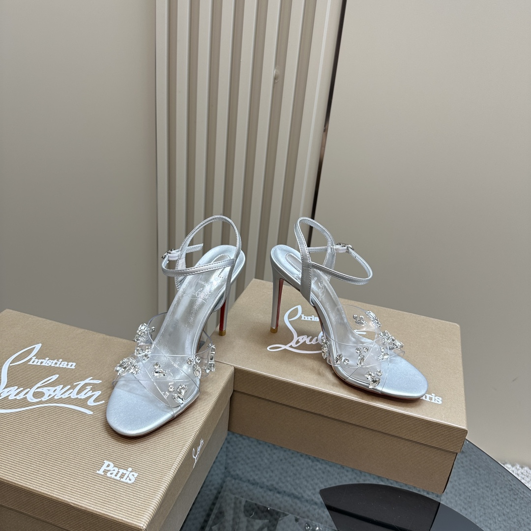 Christian Louboutin-Transparent PVC cross inlaid crystal diamond silver high heels
