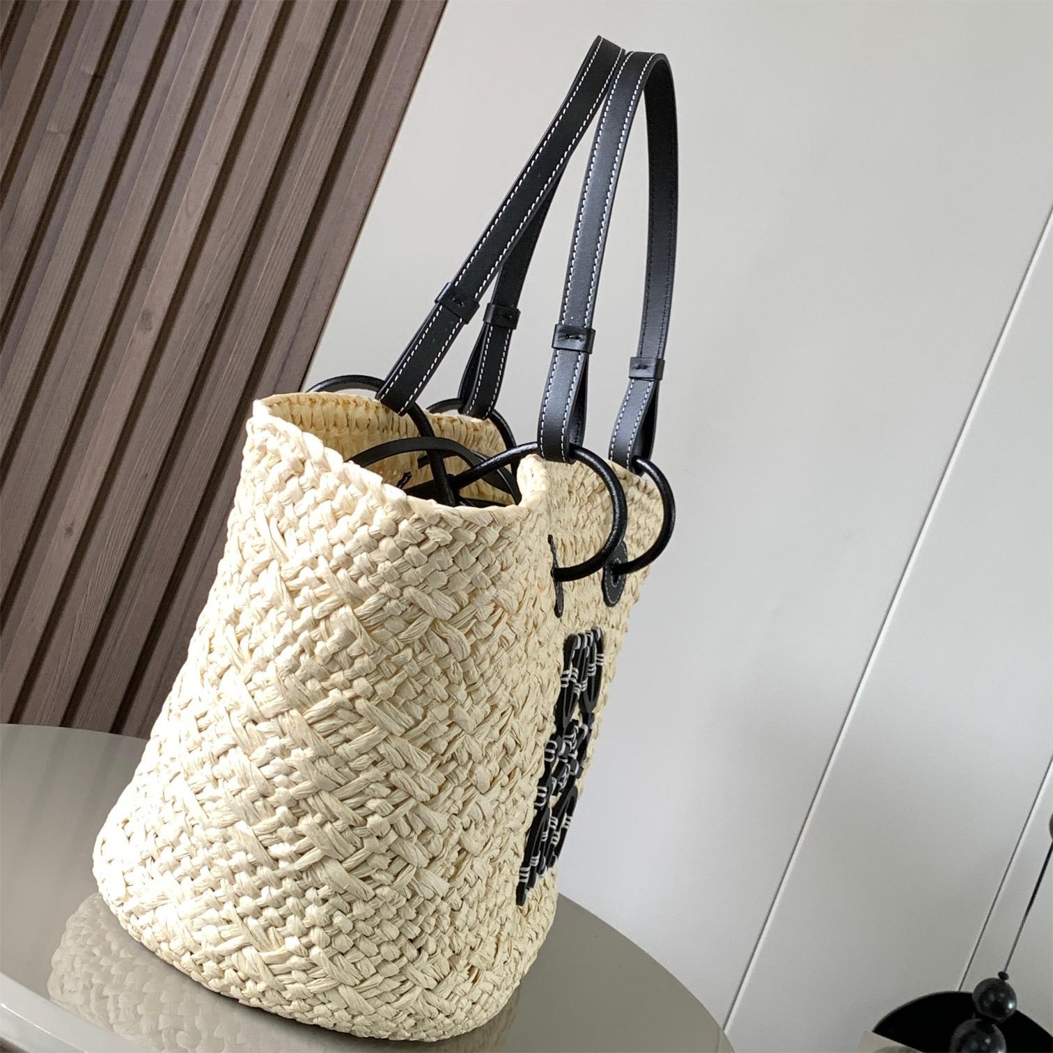 LOEWE-Large size Iraka palm fiber and cowhide Anagram Basket handbag