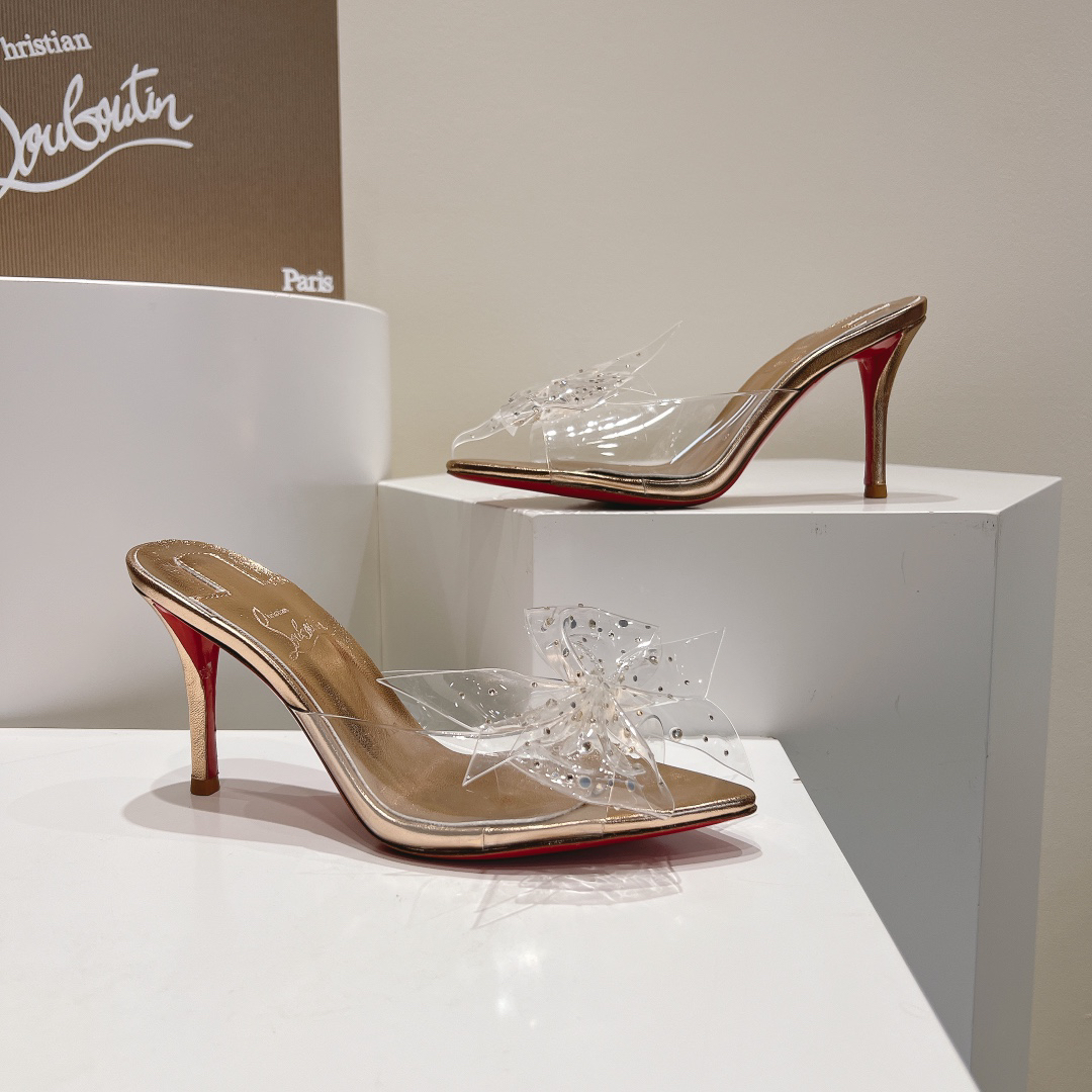 Christian Louboutin-Champagne gold transparent bow high-heeled sandals