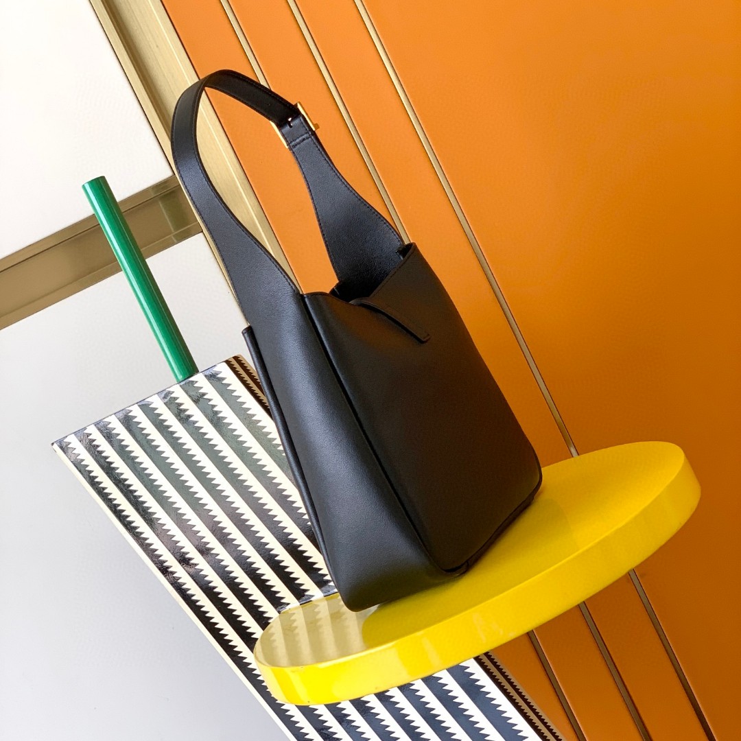 YSL- LE5A7 Gold Logo Leather Hobo Handbag Black