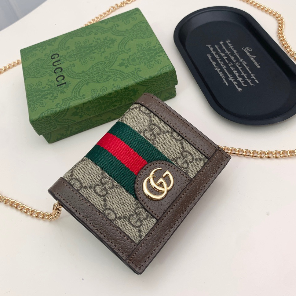 GUCCI - Ophidia Brown Leather Card Holder Shoulder Crossbody Bag