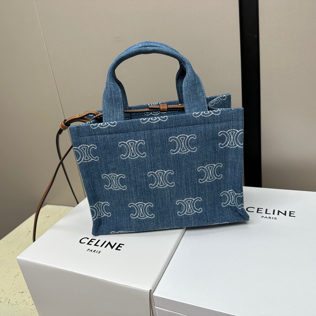CELINE-Printed fabric cowhide leather tote bag