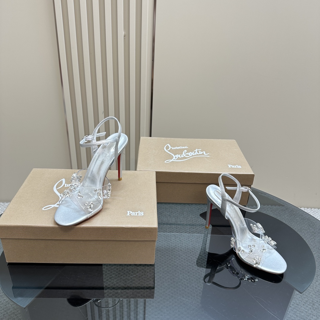 Christian Louboutin-Transparent PVC cross inlaid crystal diamond silver high heels