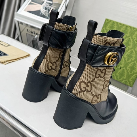 Gucci-Khaki Canvas Cowhide Ankle Boots