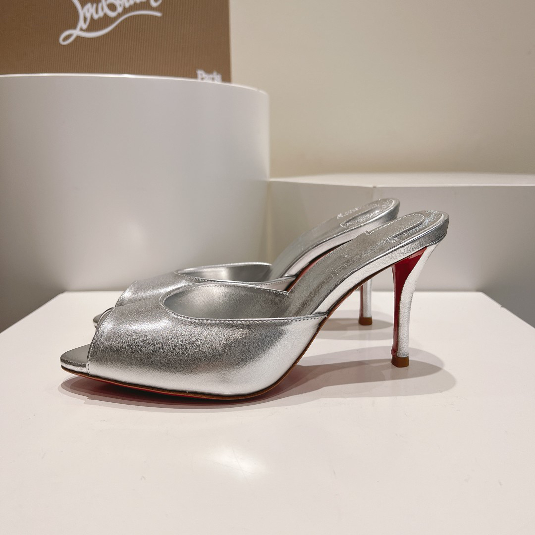Christian Louboutin-Classic patent leather fish mouth high-heeled slippers