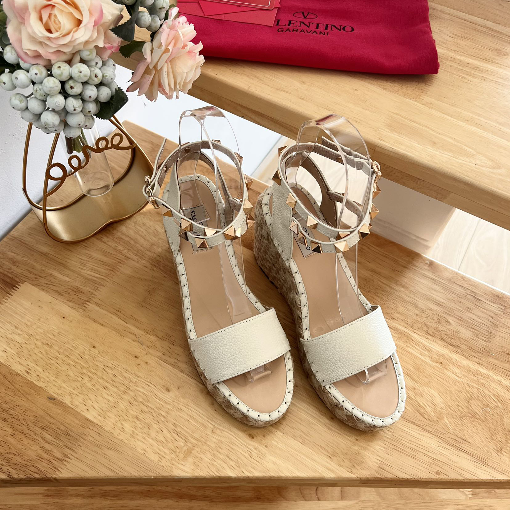 Valentino Garavani-pebbled leather lace-up wedge sandals