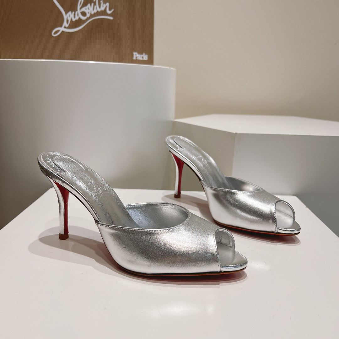 Christian Louboutin-Classic patent leather fish mouth high-heeled slippers