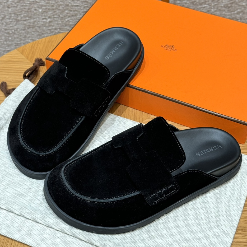 Hermes-Go Mule Black Suede Calfskin Slides