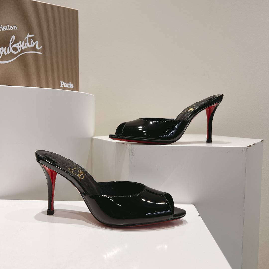Christian Louboutin-Classic patent leather fish mouth black high-heeled slippers