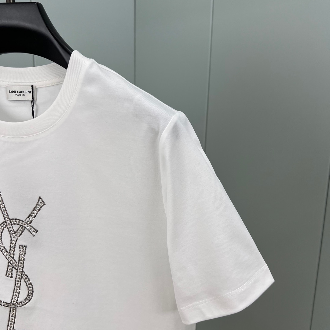 YSL - Crystal Embellished Logo Short Sleeve T-Shirt