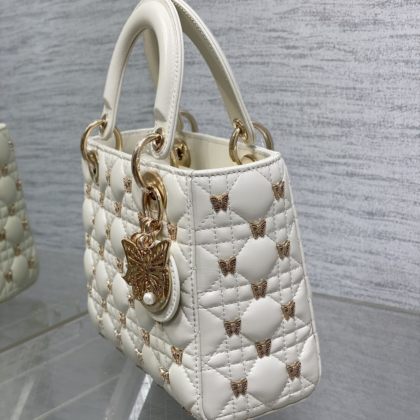 DIOR- Lady Dior Small White Lambskin Shoulder Bag