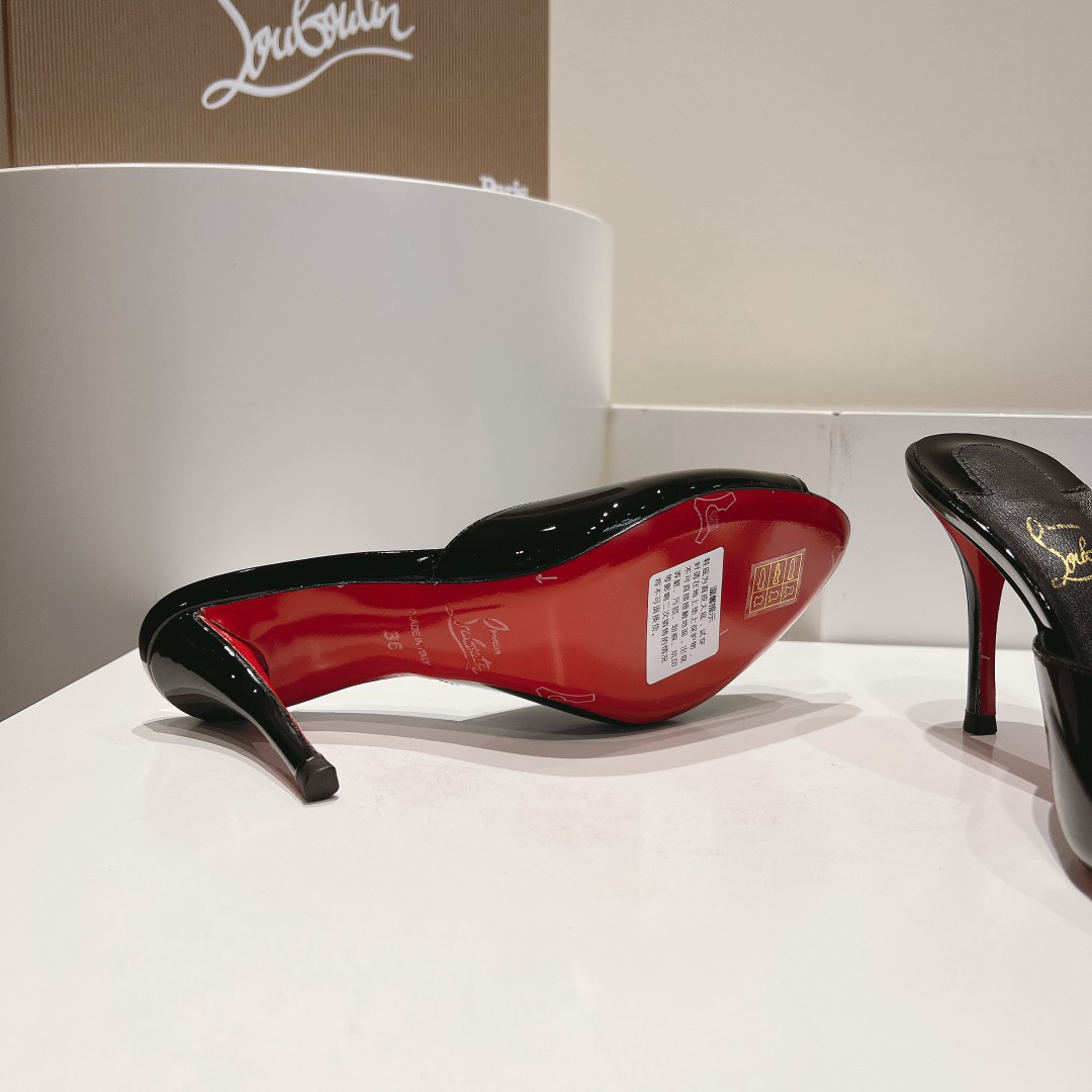 Christian Louboutin-Classic patent leather fish mouth black high-heeled slippers