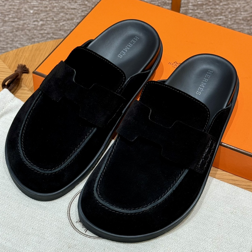 Hermes-Go Mule Black Suede Calfskin Slides