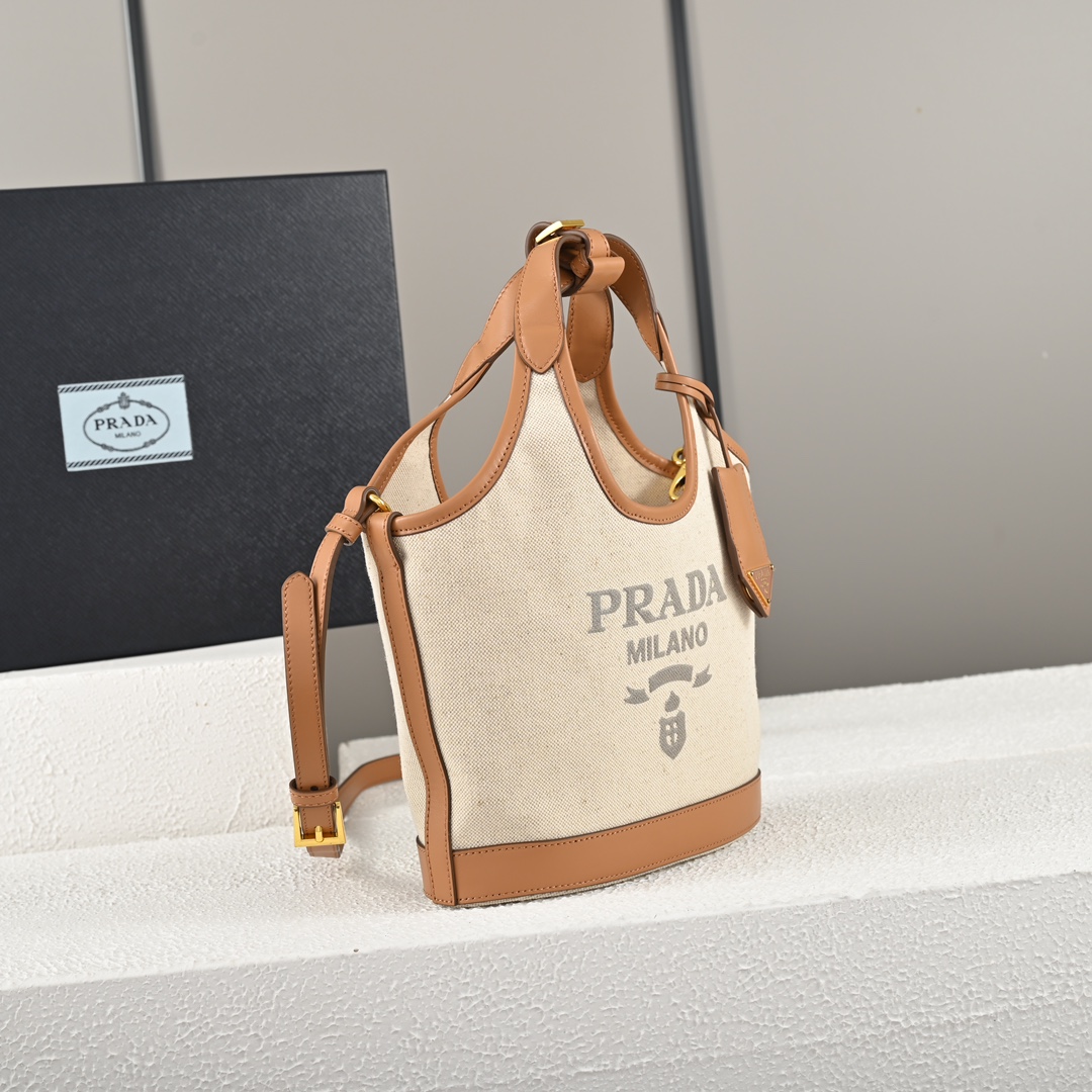 Prada-2024 Summer New Product Linen Blended Leather Tote Bag