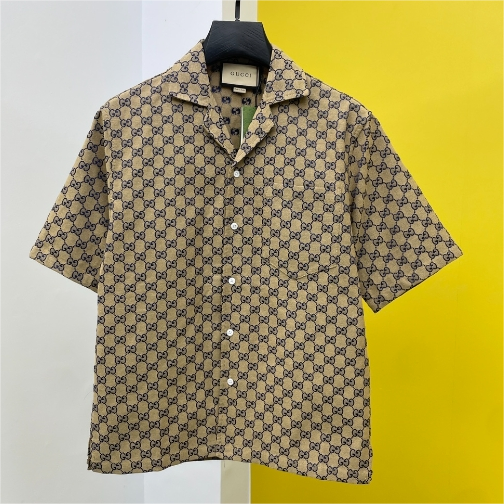 GUCCI-New Color Scheme Jacquard Coffee Fabric Short Sleeved Shirt