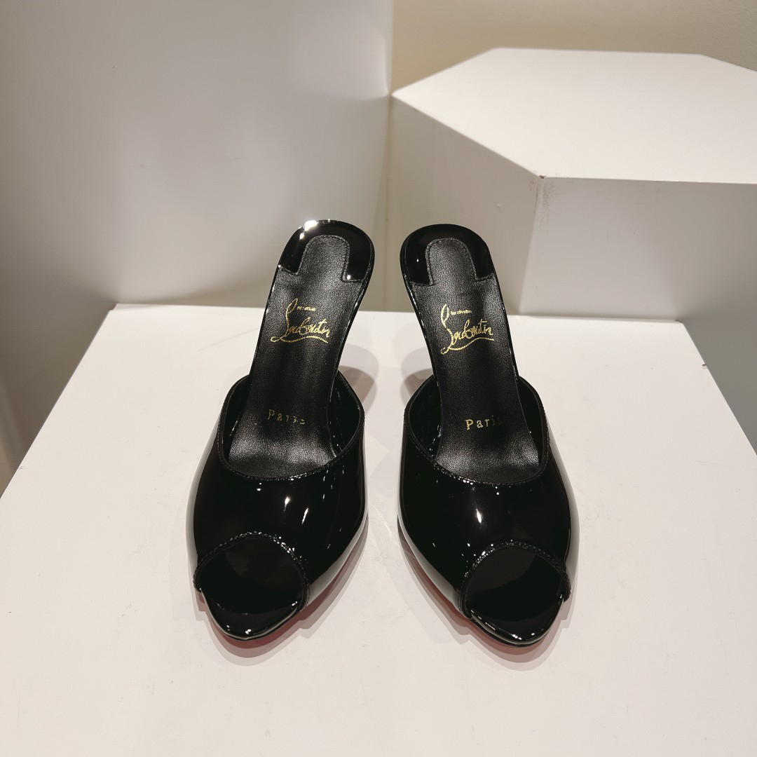 Christian Louboutin-Classic patent leather fish mouth black high-heeled slippers