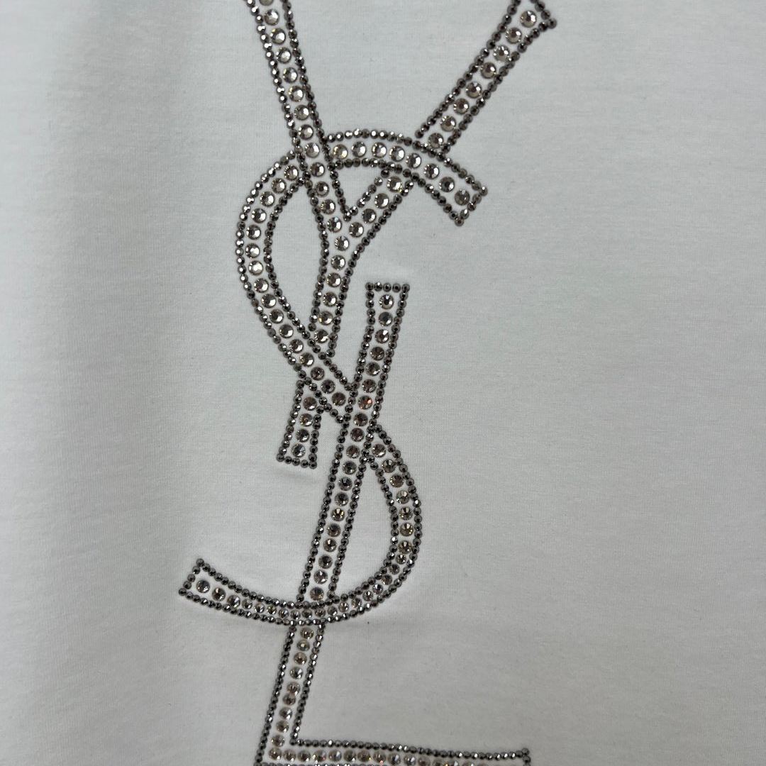 YSL - Crystal Embellished Logo Short Sleeve T-Shirt