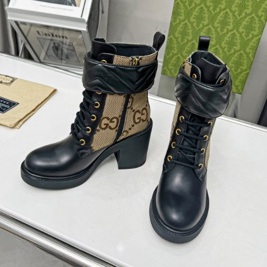 Gucci-Khaki Canvas Cowhide Ankle Boots