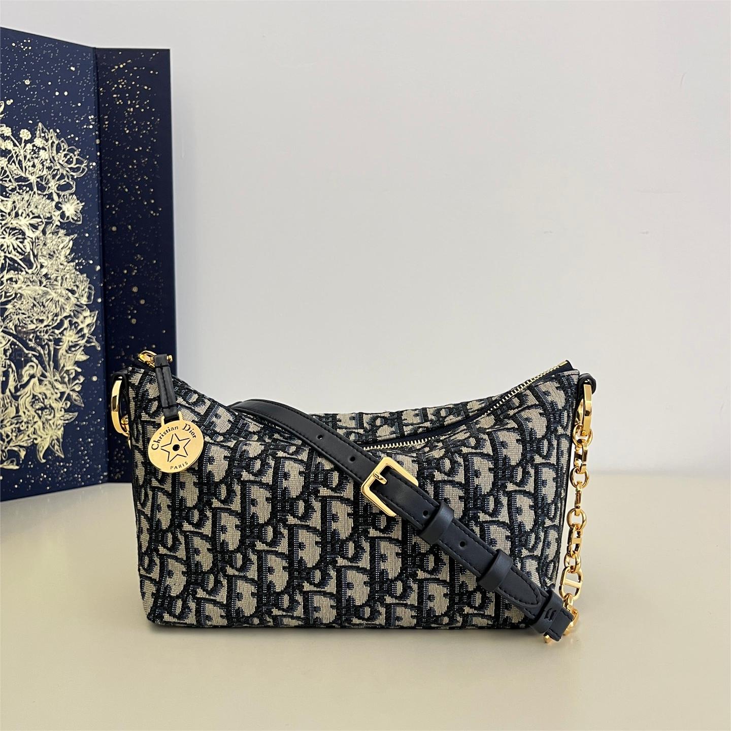 Dior-Hobo chain handbag with blue Oblique print