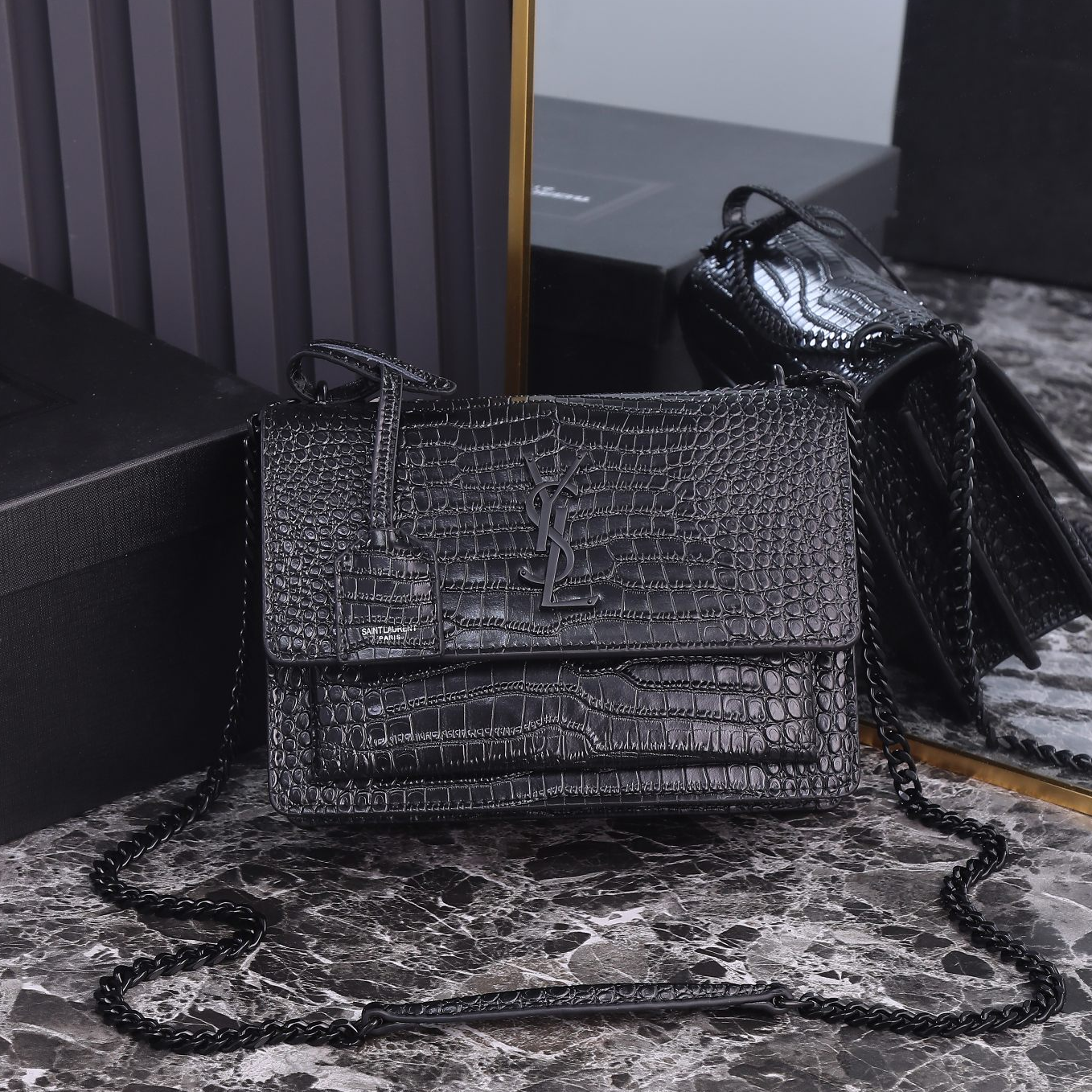 YSL-SUNSET BLACK Crocodile Embossed Shoulder Bag
