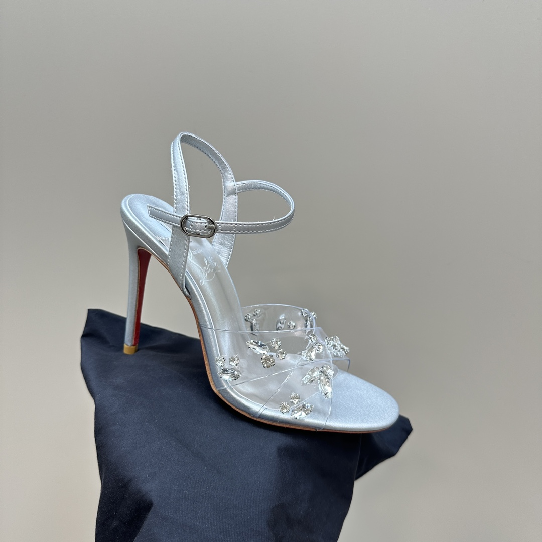 Christian Louboutin-Transparent PVC cross inlaid crystal diamond silver high heels