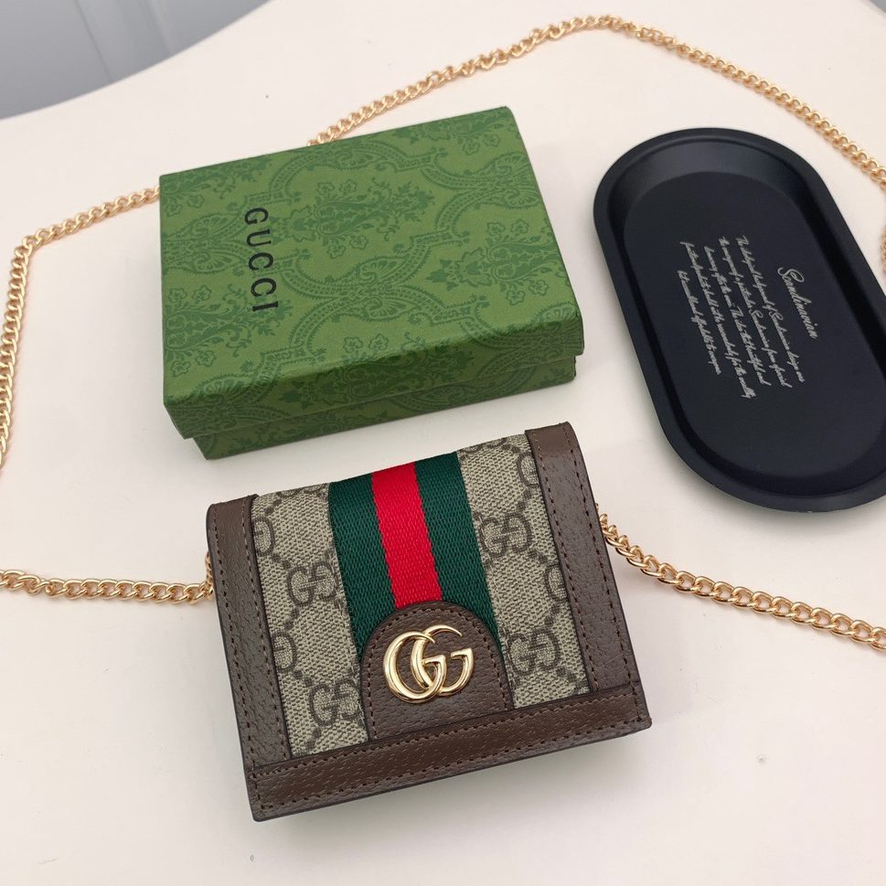 GUCCI - Ophidia Brown Leather Card Holder Shoulder Crossbody Bag