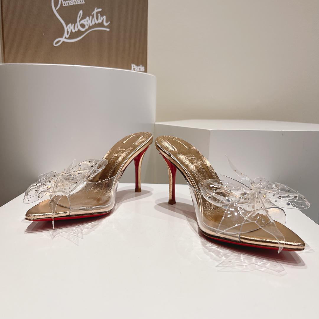 Christian Louboutin-Champagne gold transparent bow high-heeled sandals