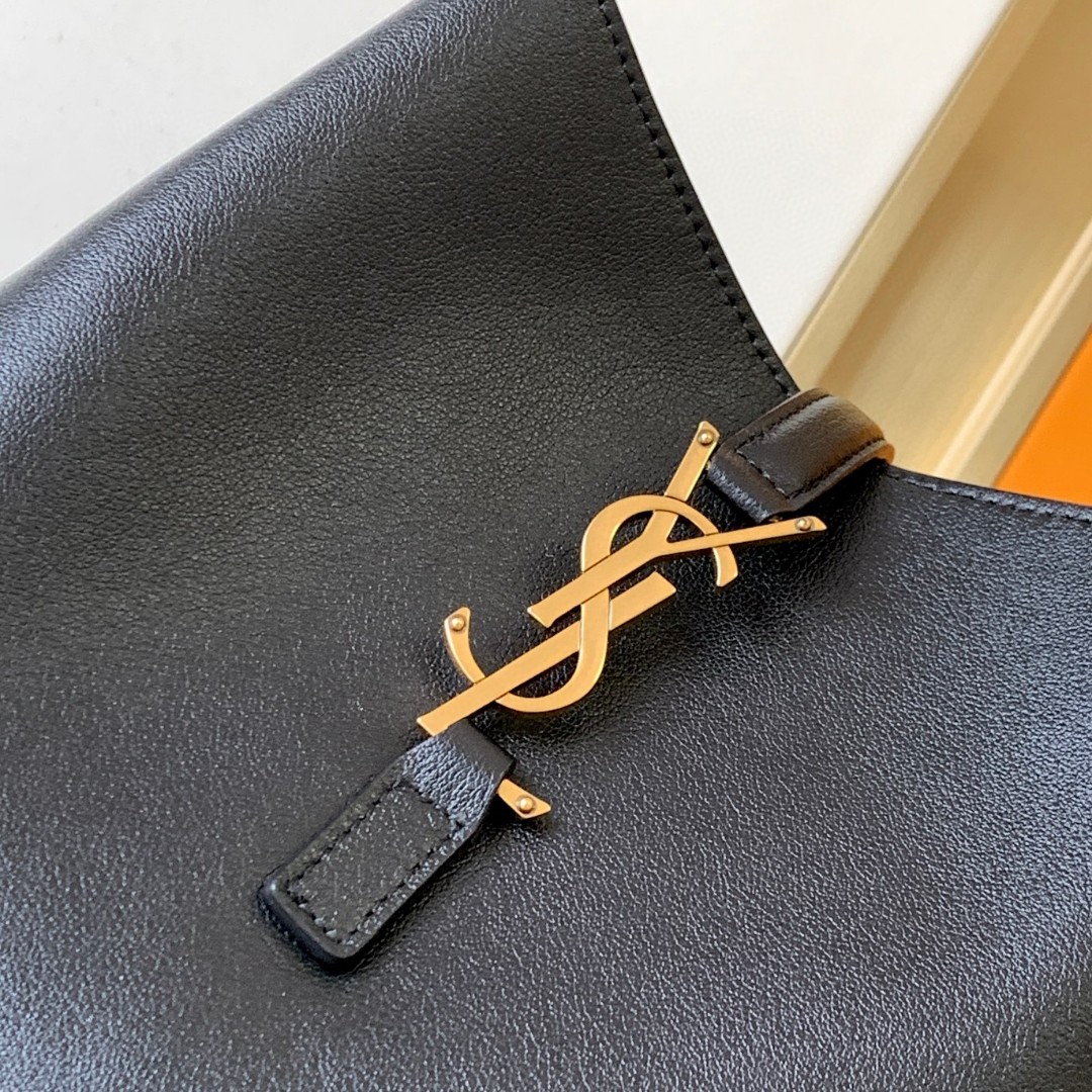 YSL- LE5A7 Gold Logo Leather Hobo Handbag Black