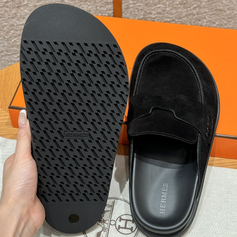Hermes-Go Mule Black Suede Calfskin Slides