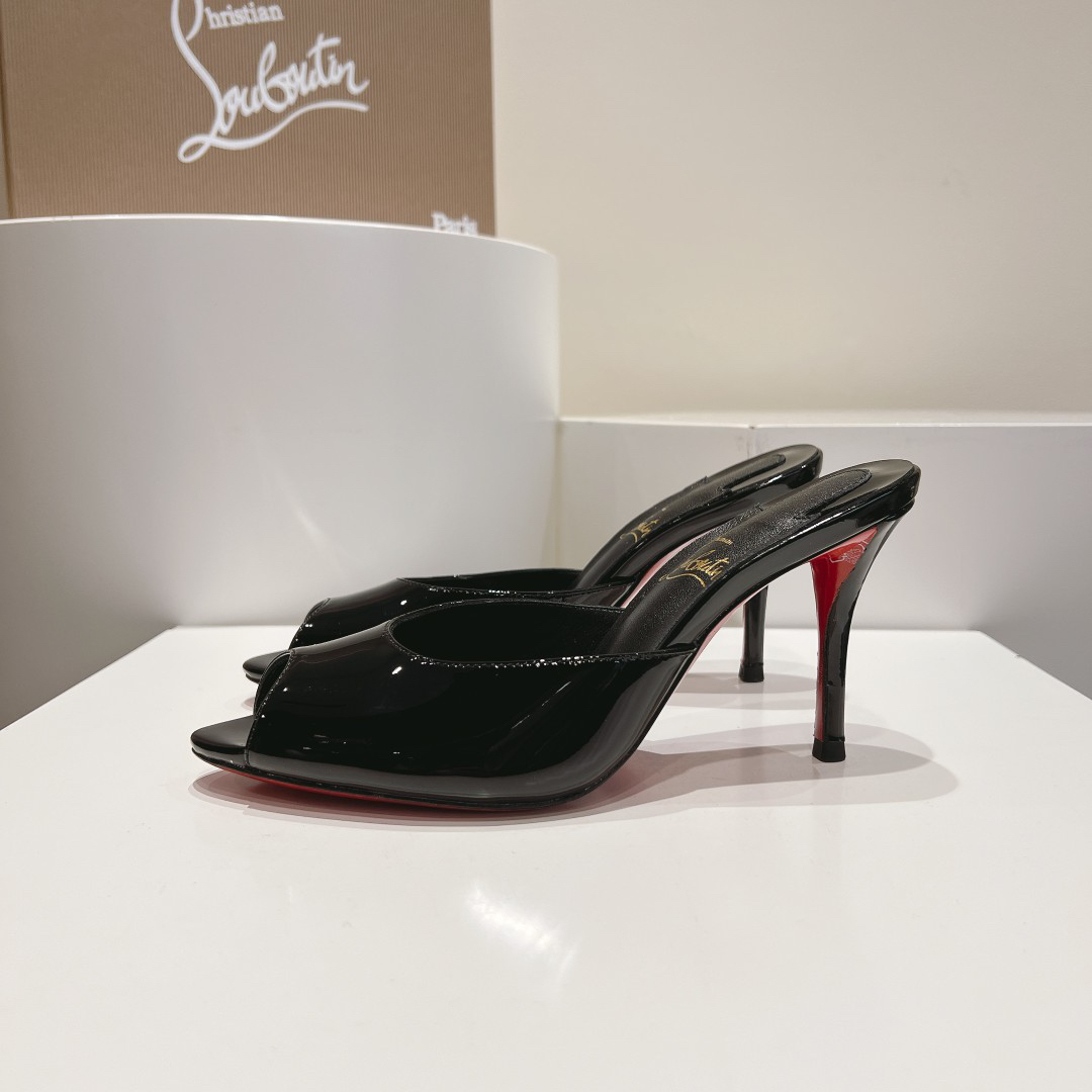 Christian Louboutin-Classic patent leather fish mouth black high-heeled slippers