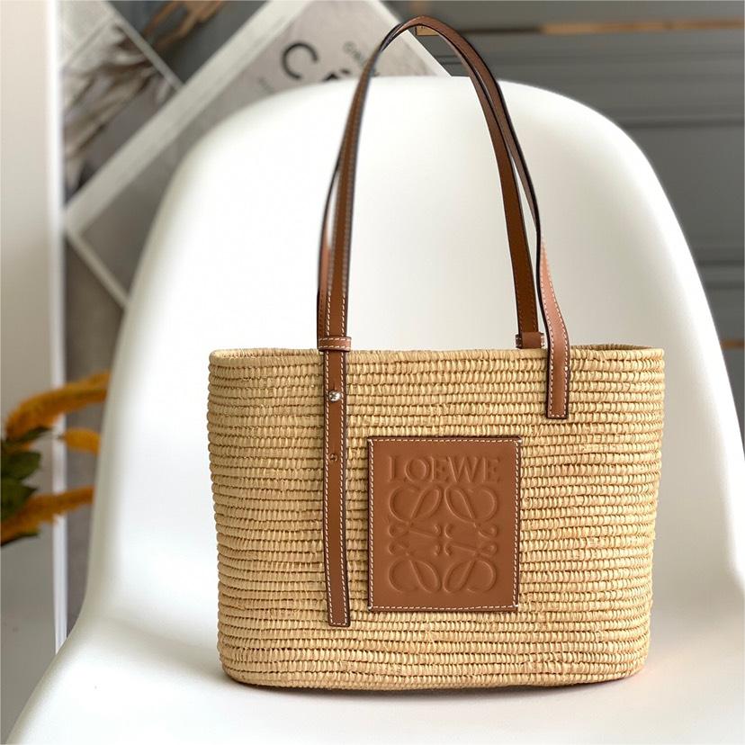 LOEWE-Small Lafite Grass and Beef Leather Square Basket Handbag