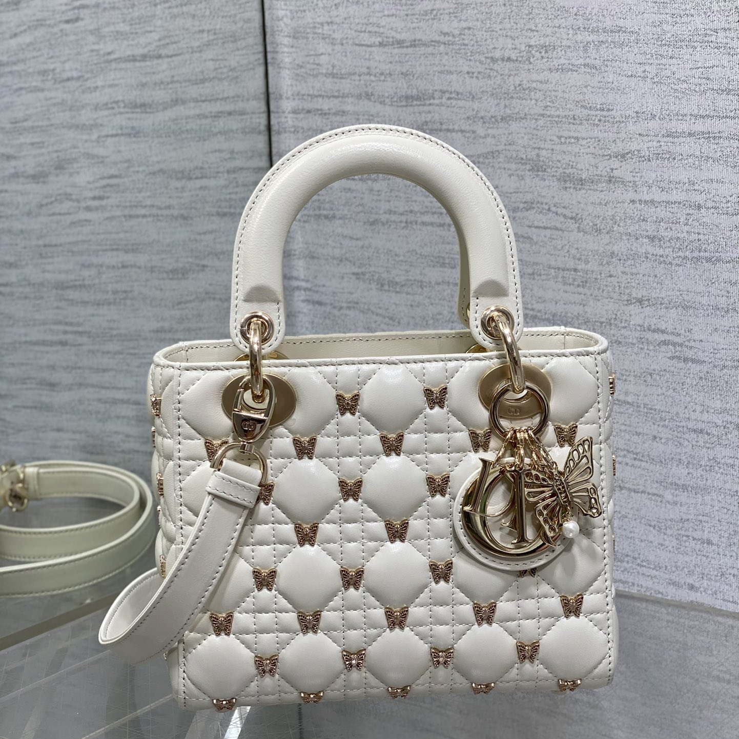 DIOR- Lady Dior Small White Lambskin Shoulder Bag