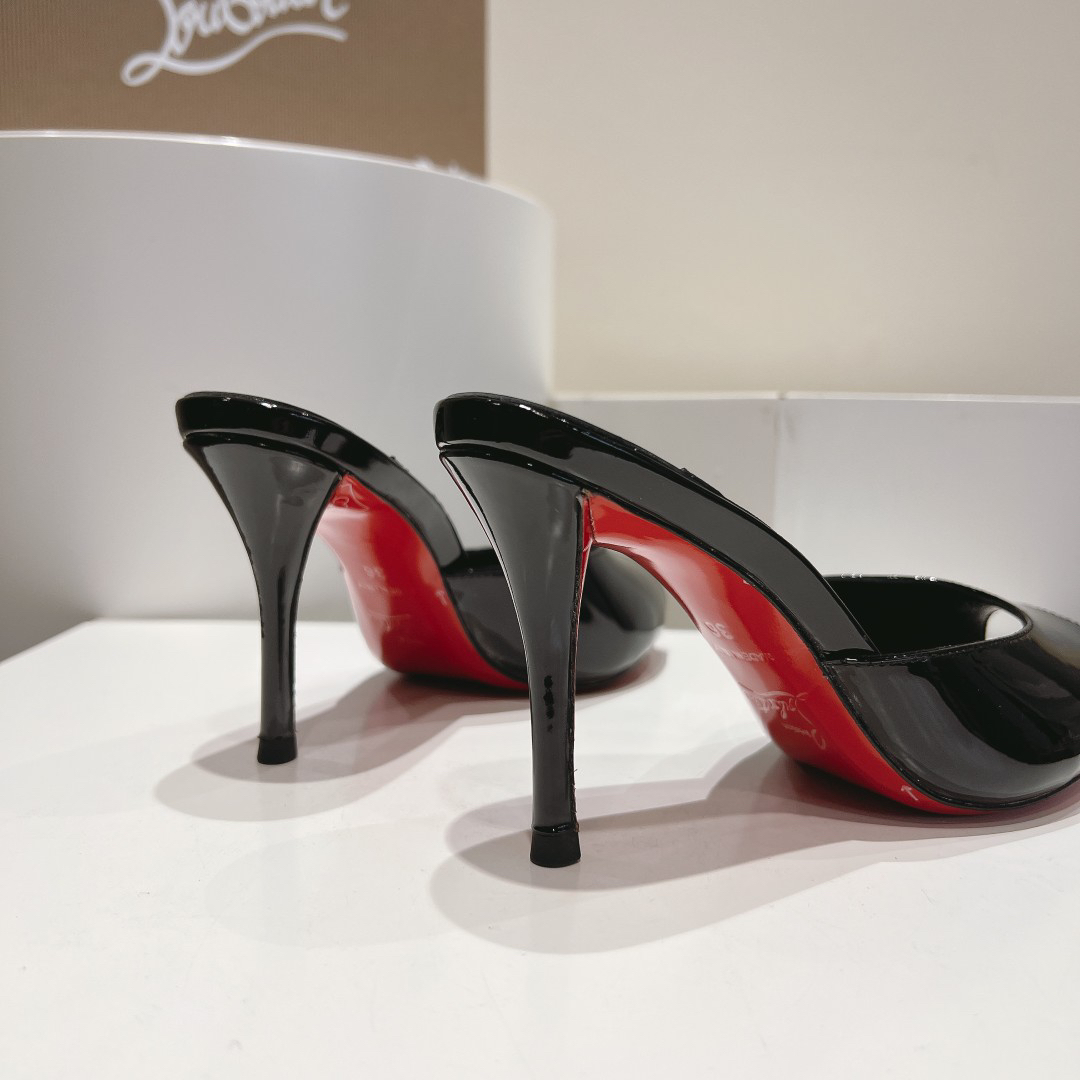 Christian Louboutin-Classic patent leather fish mouth black high-heeled slippers