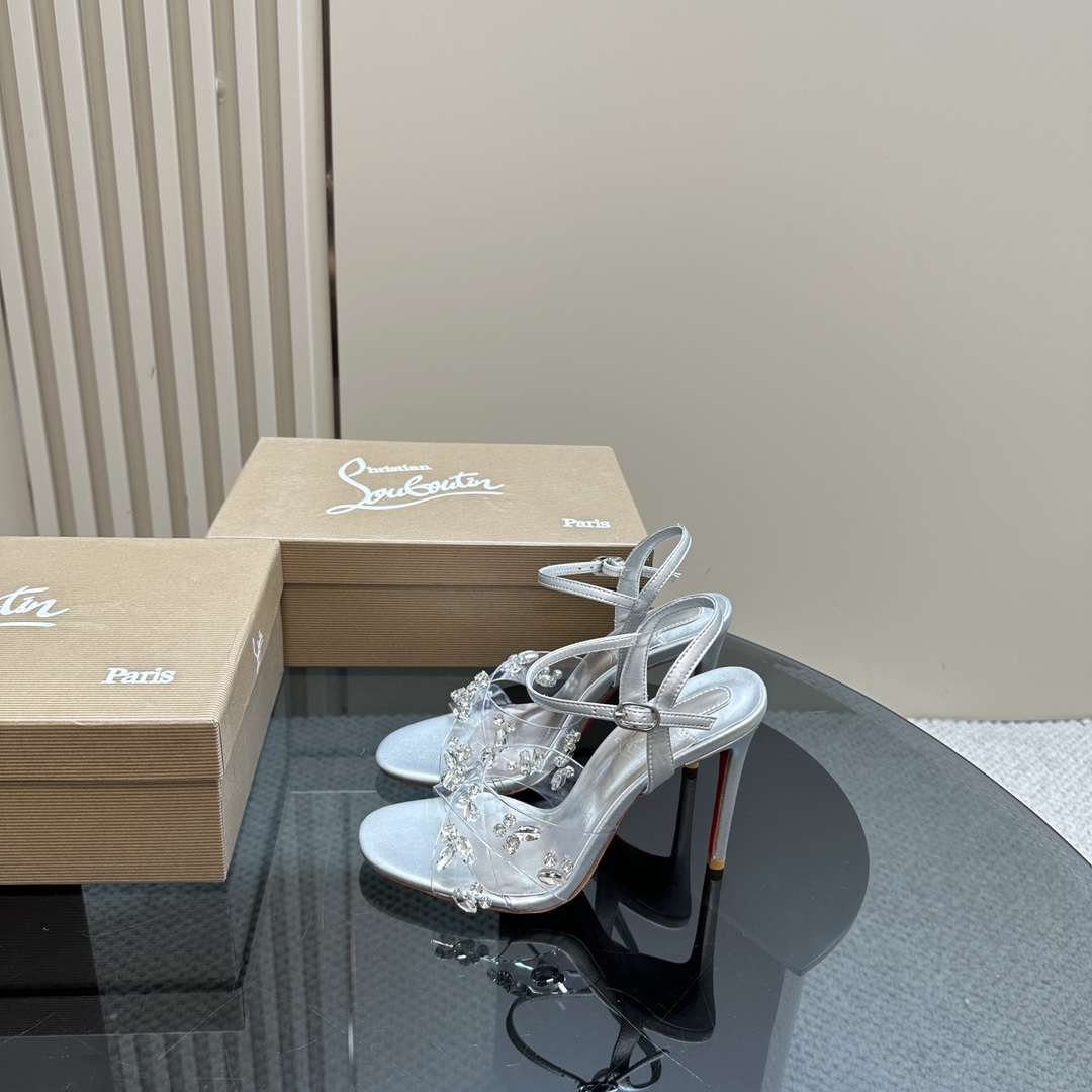 Christian Louboutin-Transparent PVC cross inlaid crystal diamond silver high heels