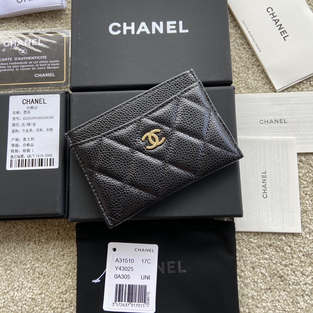 Chanel-Zipper Card Holder Grained Shiny Calfskin & Gold-tone Metal Black